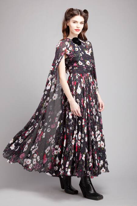 Gauri & Nainika Black Chiffon Round Floral Print Cape Dress Online at Aza Fashions Gauri & Nainika_Black Chiffon Round Floral Print Cape Dress _Online_at_Aza_Fashions