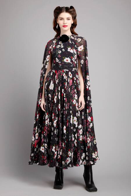 Buy Gauri & Nainika Black Chiffon Round Floral Print Cape Dress Online at Aza Fashions Buy_Gauri & Nainika_Black Chiffon Round Floral Print Cape Dress _Online_at_Aza_Fashions