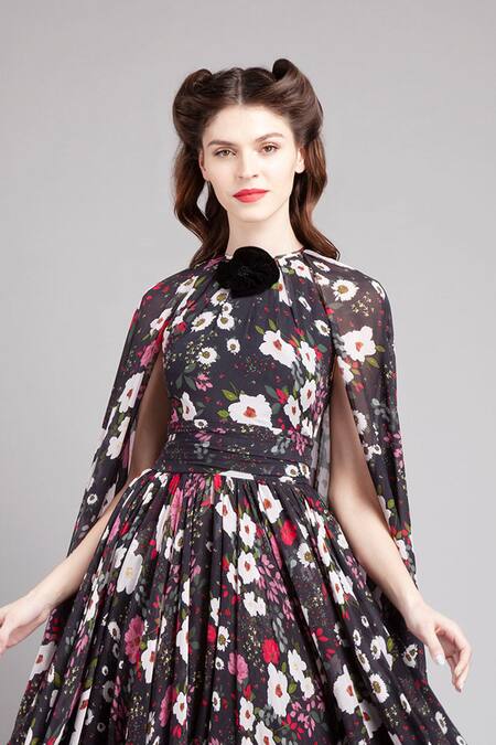 Shop Gauri & Nainika Black Chiffon Round Floral Print Cape Dress Online at Aza Fashions Shop_Gauri & Nainika_Black Chiffon Round Floral Print Cape Dress _Online_at_Aza_Fashions