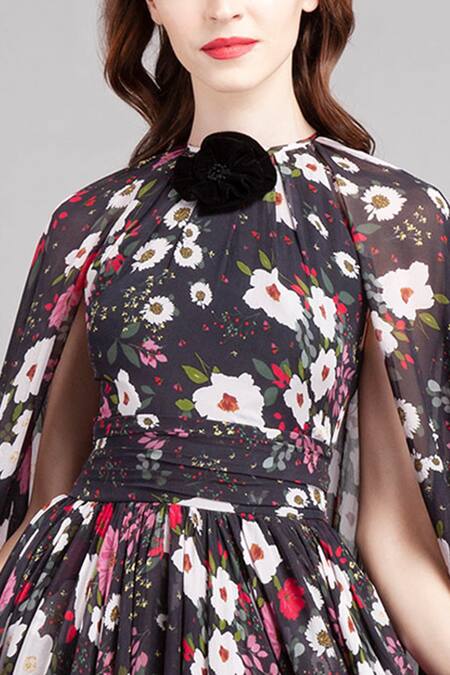 Gauri & Nainika Black Chiffon Round Floral Print Cape Dress at Aza Fashions Gauri & Nainika_Black Chiffon Round Floral Print Cape Dress _at_Aza_Fashions
