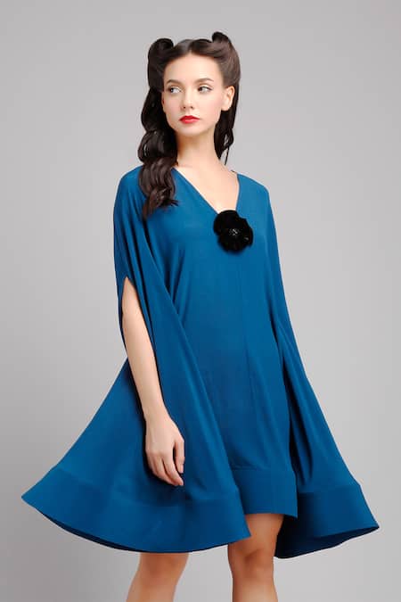 Gauri & Nainika Blue Crepe V Neck Flared Trapeze Dress 