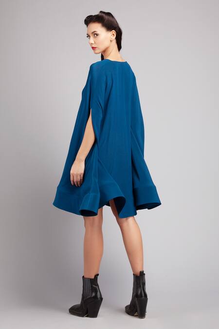 Shop Gauri & Nainika Blue Crepe V Neck Flared Trapeze Dress at Aza Fashions Shop_Gauri & Nainika_Blue Crepe V Neck Flared Trapeze Dress _at_Aza_Fashions