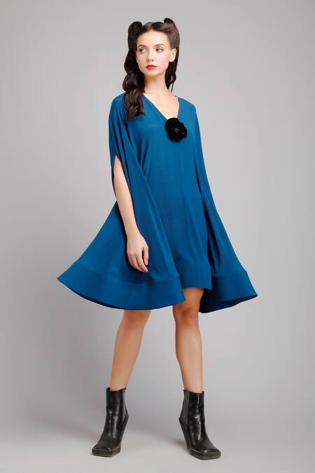 Gauri & Nainika Blue Crepe V Neck Flared Trapeze Dress Online at Aza Fashions Gauri & Nainika_Blue Crepe V Neck Flared Trapeze Dress _Online_at_Aza_Fashions