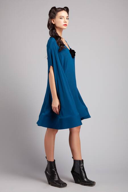 Buy Gauri & Nainika Blue Crepe V Neck Flared Trapeze Dress Online at Aza Fashions Buy_Gauri & Nainika_Blue Crepe V Neck Flared Trapeze Dress _Online_at_Aza_Fashions