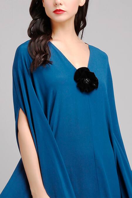 Gauri & Nainika Blue Crepe V Neck Flared Trapeze Dress at Aza Fashions Gauri & Nainika_Blue Crepe V Neck Flared Trapeze Dress _at_Aza_Fashions