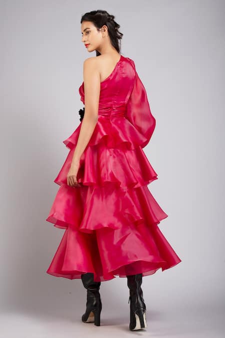 Shop Gauri & Nainika Red Organza Asymmetric Tiered One Shoulder Dress at Aza Fashions Shop_Gauri & Nainika_Red Organza Asymmetric Tiered One Shoulder Dress _at_Aza_Fashions