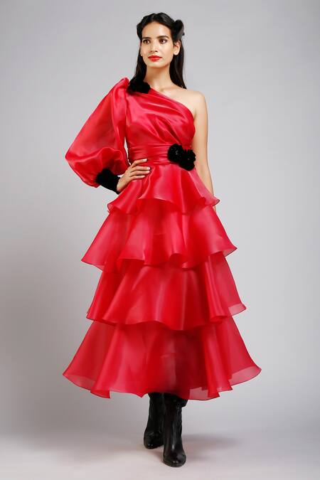 Gauri & Nainika Red Organza Asymmetric Tiered One Shoulder Dress Online at Aza Fashions Gauri & Nainika_Red Organza Asymmetric Tiered One Shoulder Dress _Online_at_Aza_Fashions