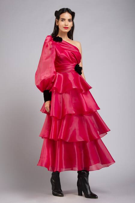 Buy Gauri & Nainika Red Organza Asymmetric Tiered One Shoulder Dress Online at Aza Fashions Buy_Gauri & Nainika_Red Organza Asymmetric Tiered One Shoulder Dress _Online_at_Aza_Fashions