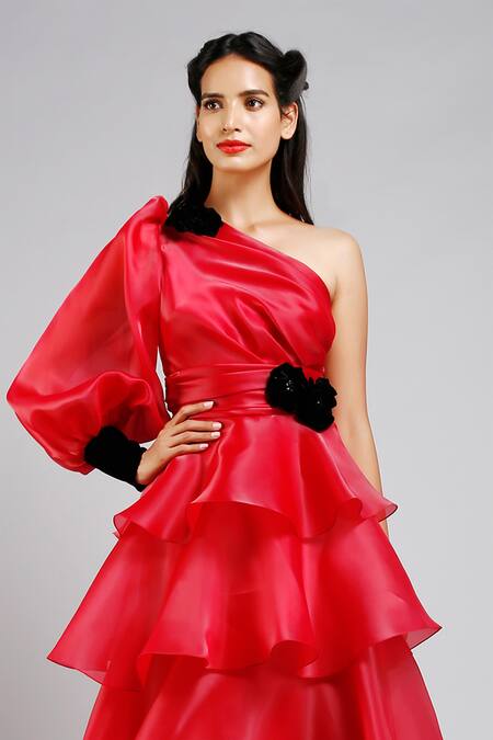 Shop Gauri & Nainika Red Organza Asymmetric Tiered One Shoulder Dress Online at Aza Fashions Shop_Gauri & Nainika_Red Organza Asymmetric Tiered One Shoulder Dress _Online_at_Aza_Fashions