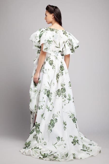 Shop Gauri & Nainika White Organza V Neck Floral Print Asymmetric Dress at Aza Fashions Shop_Gauri & Nainika_White Organza V Neck Floral Print Asymmetric Dress _at_Aza_Fashions
