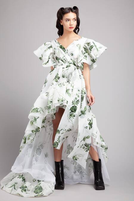Gauri & Nainika White Organza V Neck Floral Print Asymmetric Dress Online at Aza Fashions Gauri & Nainika_White Organza V Neck Floral Print Asymmetric Dress _Online_at_Aza_Fashions