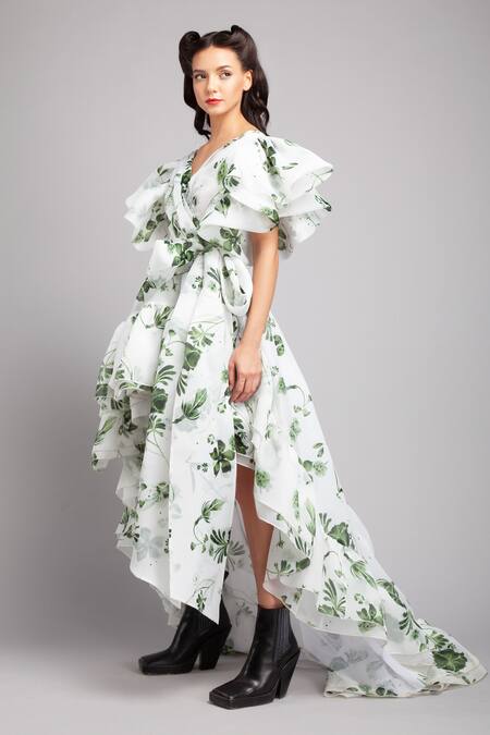 Buy Gauri & Nainika White Organza V Neck Floral Print Asymmetric Dress Online at Aza Fashions Buy_Gauri & Nainika_White Organza V Neck Floral Print Asymmetric Dress _Online_at_Aza_Fashions