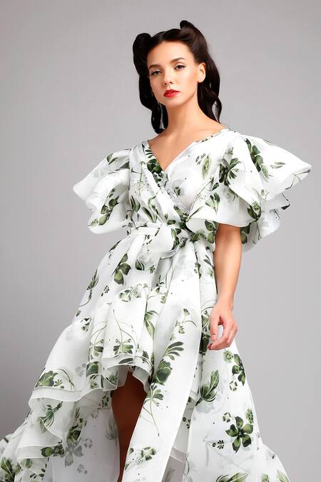Shop Gauri & Nainika White Organza V Neck Floral Print Asymmetric Dress Online at Aza Fashions Shop_Gauri & Nainika_White Organza V Neck Floral Print Asymmetric Dress _Online_at_Aza_Fashions