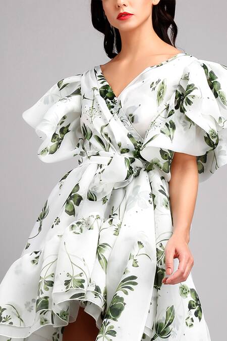 Gauri & Nainika White Organza V Neck Floral Print Asymmetric Dress at Aza Fashions Gauri & Nainika_White Organza V Neck Floral Print Asymmetric Dress _at_Aza_Fashions