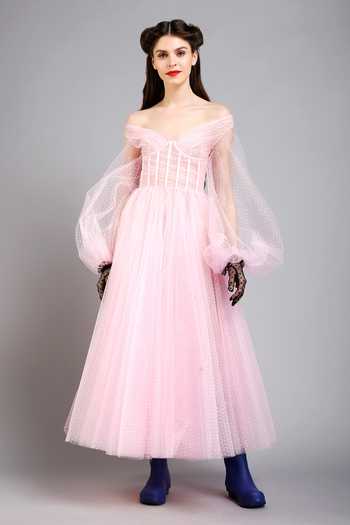 Gauri & Nainika_Pink Net Off Shoulder Flared Corset Dress_Online_at_Aza_Fashions