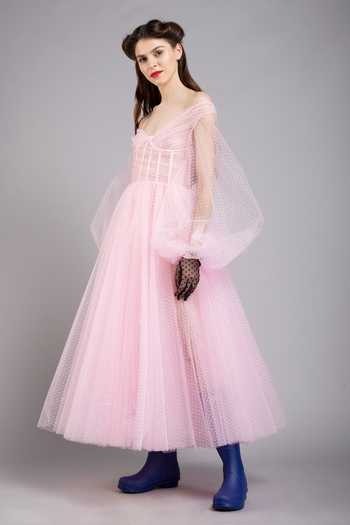 Buy_Gauri & Nainika_Pink Net Off Shoulder Flared Corset Dress_Online_at_Aza_Fashions