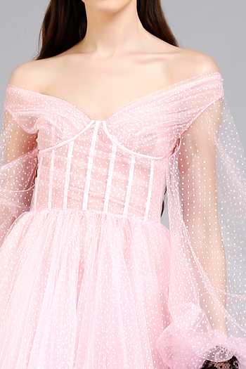 Shop_Gauri & Nainika_Pink Net Off Shoulder Flared Corset Dress_Online_at_Aza_Fashions