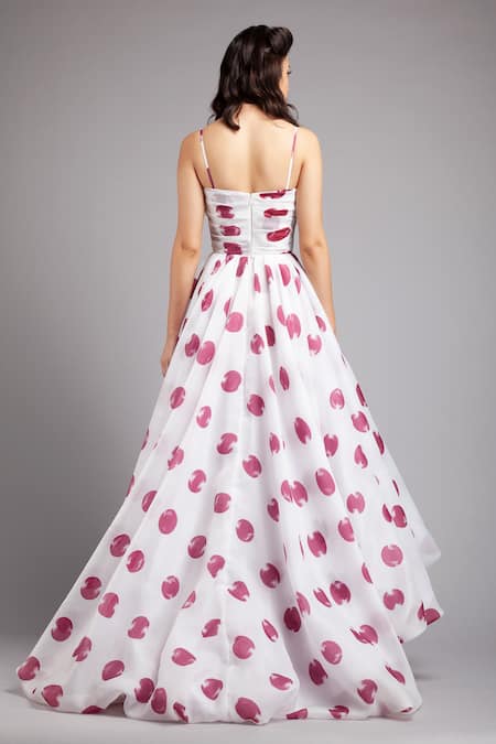 Shop Gauri & Nainika White Organza V Neck Asymmetric Polka Dot Print Dress at Aza Fashions Shop_Gauri & Nainika_White Organza V Neck Asymmetric Polka Dot Print Dress _at_Aza_Fashions