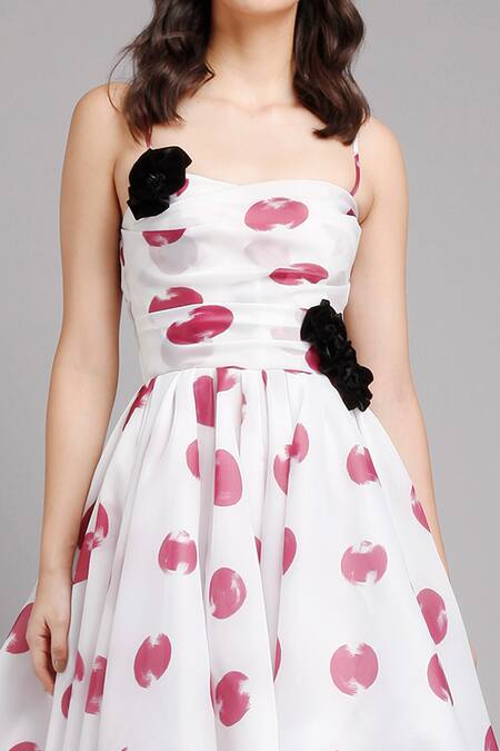 Shop Gauri & Nainika White Organza V Neck Asymmetric Polka Dot Print Dress Online at Aza Fashions Shop_Gauri & Nainika_White Organza V Neck Asymmetric Polka Dot Print Dress _Online_at_Aza_Fashions