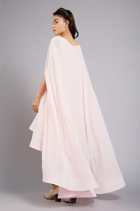 Shop Gauri & Nainika Pink Crepe Bateau Asymmetric Cape Dress at Aza Fashions Shop_Gauri & Nainika_Pink Crepe Bateau Asymmetric Cape Dress _at_Aza_Fashions