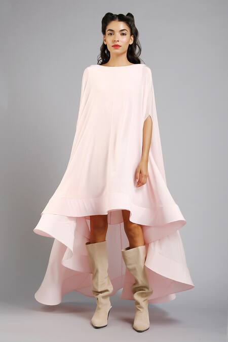 Gauri & Nainika Pink Crepe Bateau Asymmetric Cape Dress Online at Aza Fashions Gauri & Nainika_Pink Crepe Bateau Asymmetric Cape Dress _Online_at_Aza_Fashions