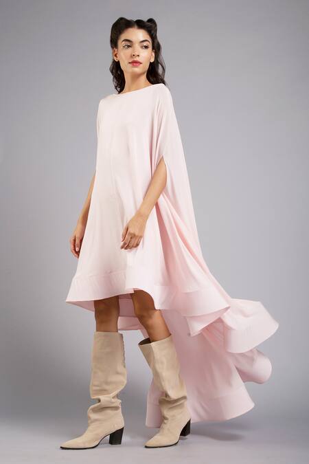 Buy Gauri & Nainika Pink Crepe Bateau Asymmetric Cape Dress Online at Aza Fashions Buy_Gauri & Nainika_Pink Crepe Bateau Asymmetric Cape Dress _Online_at_Aza_Fashions