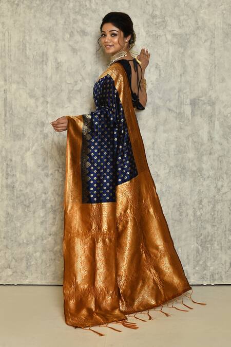 Shop_Samyukta Singhania_Blue Silk Embroidery Woven Leaf Pattern Saree _at_Aza_Fashions