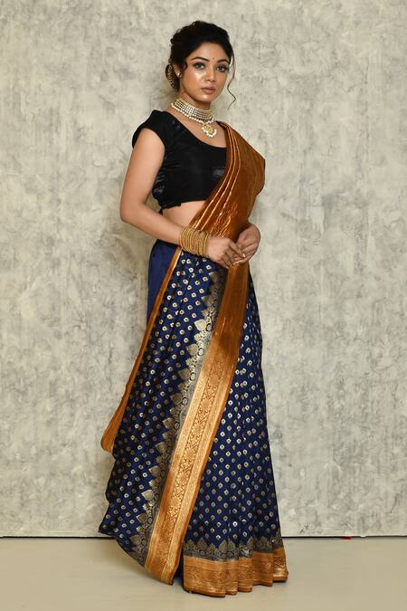 Samyukta Singhania_Blue Silk Embroidery Woven Leaf Pattern Saree _Online_at_Aza_Fashions