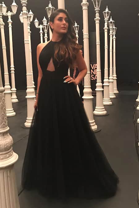 Gauri & Nainika Black Tulle Halter Flared Gown 