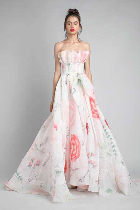 Gauri & Nainika_White Organza Ruffle Bandeau Gown _Online_at_Aza_Fashions