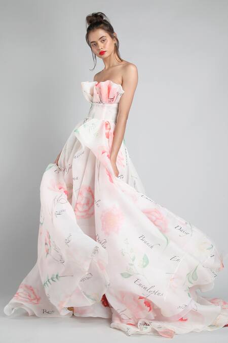 Buy_Gauri & Nainika_White Organza Ruffle Bandeau Gown _Online_at_Aza_Fashions