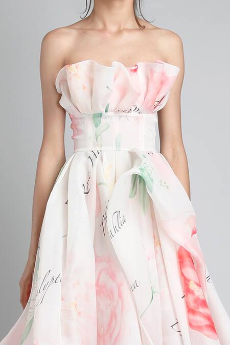 Gauri & Nainika_White Organza Ruffle Bandeau Gown _at_Aza_Fashions