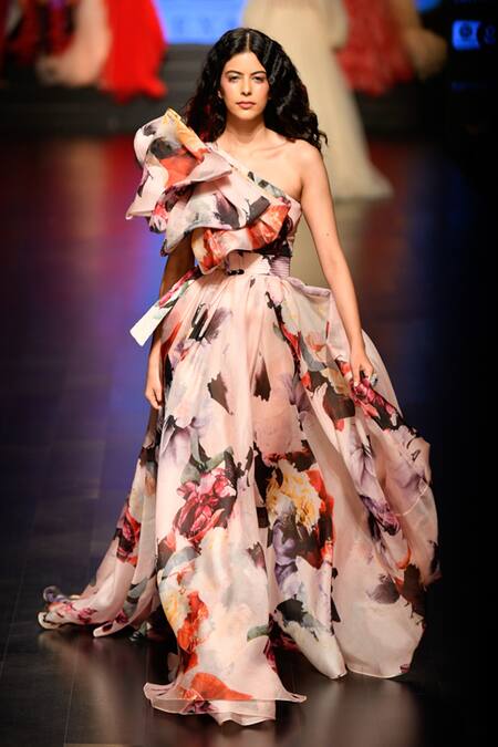 Buy Gauri & Nainika Pink Printed Organza Asymmetric One Shoulder Gown Online at Aza Fashions Buy_Gauri & Nainika_Pink Printed Organza Asymmetric One Shoulder Gown _Online_at_Aza_Fashions