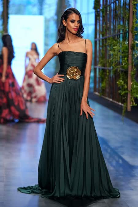 Gauri & Nainika Green Manthan Embroidered Rose Square Neck Spaghetti Strap Fluted Gown 