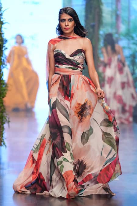 Gauri & Nainika Multi Color Crinkled Chiffon October Floral Patterns Print Draped Gown Online at Aza Fashions Gauri & Nainika_Multi Color Crinkled Chiffon October Floral Patterns Print Draped Gown _Online_at_Aza_Fashions