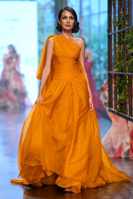 Gauri & Nainika Yellow Cluster One Shoulder Draped Gown Online at Aza Fashions Gauri & Nainika_Yellow Cluster One Shoulder Draped Gown _Online_at_Aza_Fashions