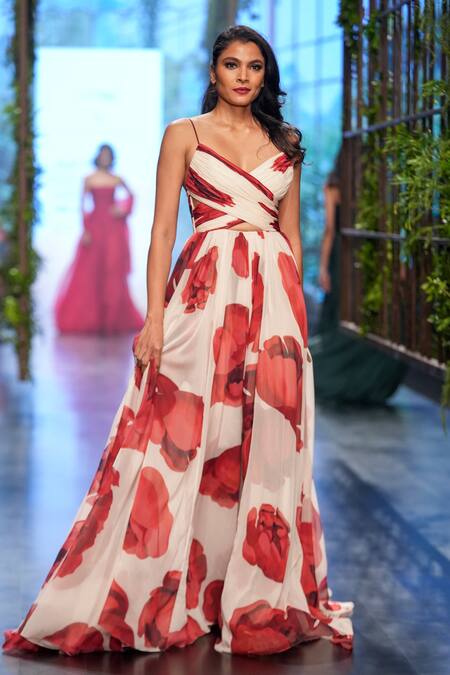 Gauri & Nainika Ivory Crinkled Chiffon Floating Peony Flowers Plunge V Criss-cross Draped Gown Online at Aza Fashions Gauri & Nainika_Ivory Crinkled Chiffon Floating Peony Flowers Plunge V Criss-cross Draped Gown _Online_at_Aza_Fashions