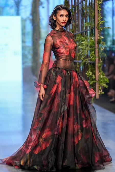 Gauri & Nainika Black Ajanta Organza Botanical Pattern, Sequins Work Round Print Gown Online at Aza Fashions Gauri & Nainika_Black Ajanta Organza Botanical Pattern, Sequins Work Round Print Gown _Online_at_Aza_Fashions