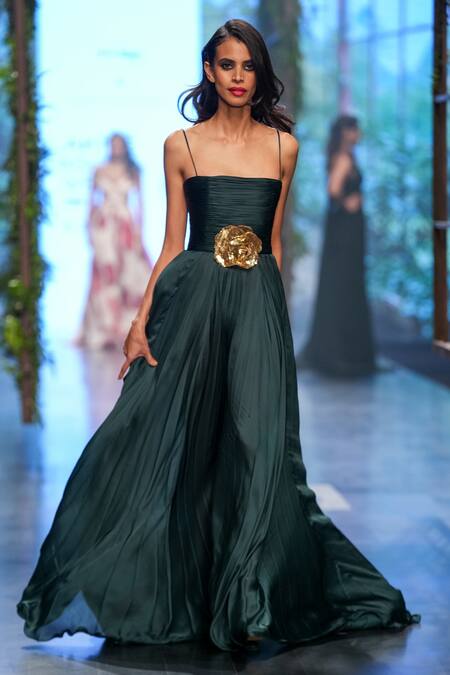 Gauri & Nainika Green Manthan Rose Square Neck Spaghetti Strap Fluted Gown Online at Aza Fashions Gauri & Nainika_Green Manthan Rose Square Neck Spaghetti Strap Fluted Gown _Online_at_Aza_Fashions