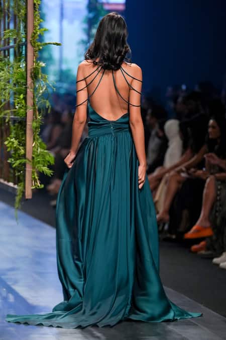 Gauri & Nainika - Green Viskolyk Solid Halter Multi String Backless Gown  For Women