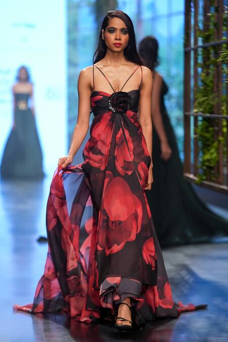 Gauri & Nainika Black Crinkled Chiffon, 100% Cotton Floating Peony Flowers Pattern Draped Gown Online at Aza Fashions Gauri & Nainika_Black Crinkled Chiffon, 100% Cotton Floating Peony Flowers Pattern Draped Gown _Online_at_Aza_Fashions