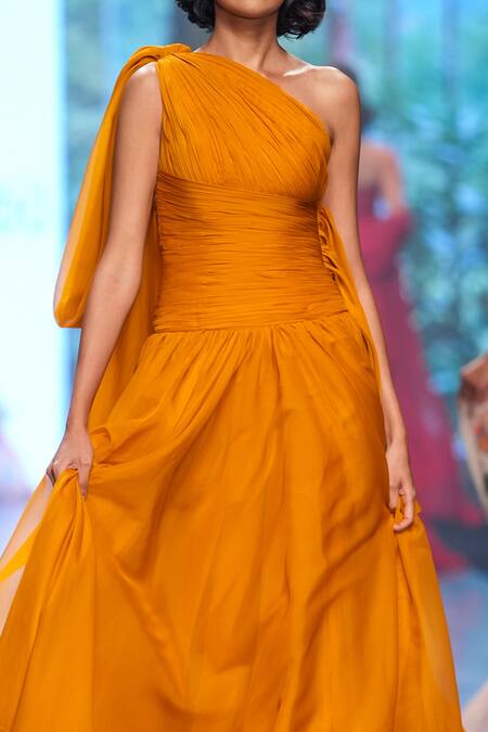 Buy Gauri & Nainika Yellow Cluster One Shoulder Draped Gown Online at Aza Fashions Buy_Gauri & Nainika_Yellow Cluster One Shoulder Draped Gown _Online_at_Aza_Fashions