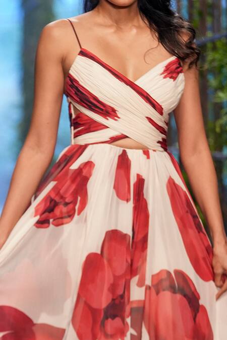 Buy Gauri & Nainika Ivory Crinkled Chiffon Floating Peony Flowers Plunge V Criss-cross Draped Gown Online at Aza Fashions Buy_Gauri & Nainika_Ivory Crinkled Chiffon Floating Peony Flowers Plunge V Criss-cross Draped Gown _Online_at_Aza_Fashions