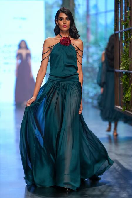 Gauri & Nainika Green 100% Cotton, Viskolyk Halter Multi String Backless Gown Online at Aza Fashions Gauri & Nainika_Green 100% Cotton, Viskolyk Halter Multi String Backless Gown _Online_at_Aza_Fashions