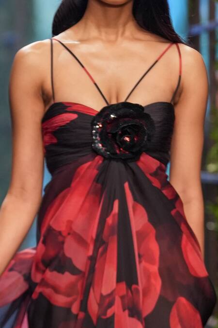 Buy Gauri & Nainika Black Crinkled Chiffon, 100% Cotton Floating Peony Flowers Pattern Draped Gown Online at Aza Fashions Buy_Gauri & Nainika_Black Crinkled Chiffon, 100% Cotton Floating Peony Flowers Pattern Draped Gown _Online_at_Aza_Fashions