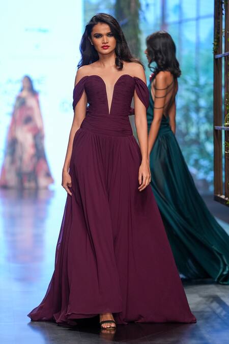 Gauri & Nainika_Purple 100% Cotton, Dubai Plunge Sweetheart Neck Fluted Corset Gown _Online_at_Aza_Fashions