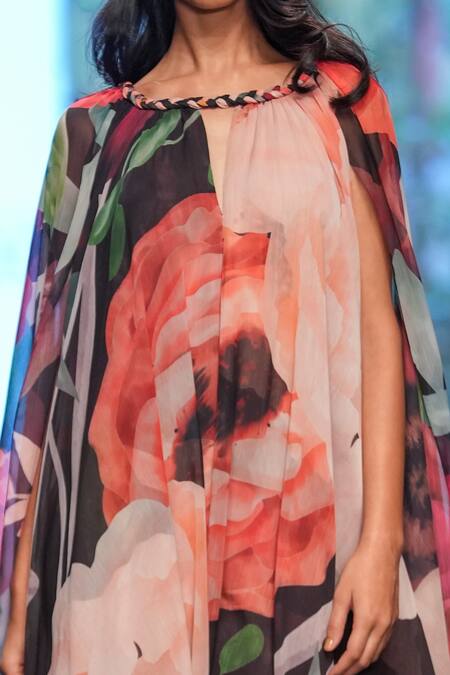 Gauri & Nainika Black Crinkled Chiffon, 100% Cotton October Floral Patterns Print Trapeze Gown Online at Aza Fashions Gauri & Nainika_Black Crinkled Chiffon, 100% Cotton October Floral Patterns Print Trapeze Gown _Online_at_Aza_Fashions