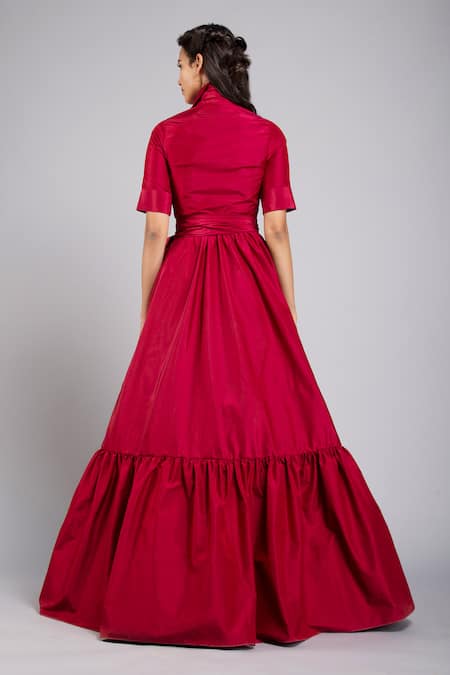 Shop Gauri & Nainika Maroon Taffeta Spread Collar Flounce Hem Wrap Gown at Aza Fashions Shop_Gauri & Nainika_Maroon Taffeta Spread Collar Flounce Hem Wrap Gown _at_Aza_Fashions