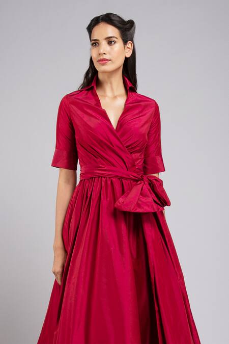 Gauri & Nainika Maroon Taffeta Spread Collar Flounce Hem Wrap Gown Online at Aza Fashions Gauri & Nainika_Maroon Taffeta Spread Collar Flounce Hem Wrap Gown _Online_at_Aza_Fashions