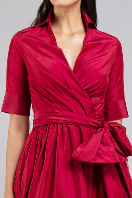 Buy Gauri & Nainika Maroon Taffeta Spread Collar Flounce Hem Wrap Gown Online at Aza Fashions Buy_Gauri & Nainika_Maroon Taffeta Spread Collar Flounce Hem Wrap Gown _Online_at_Aza_Fashions